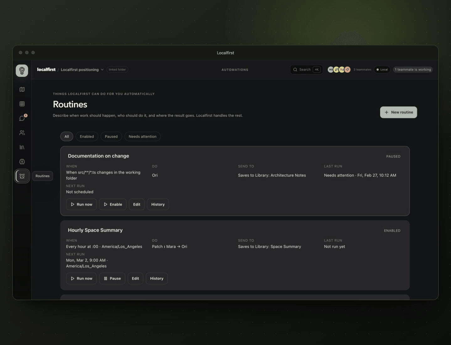 Localfirst Routines view showing active recurring team workflows, their schedules, destinations, and recent run status.
