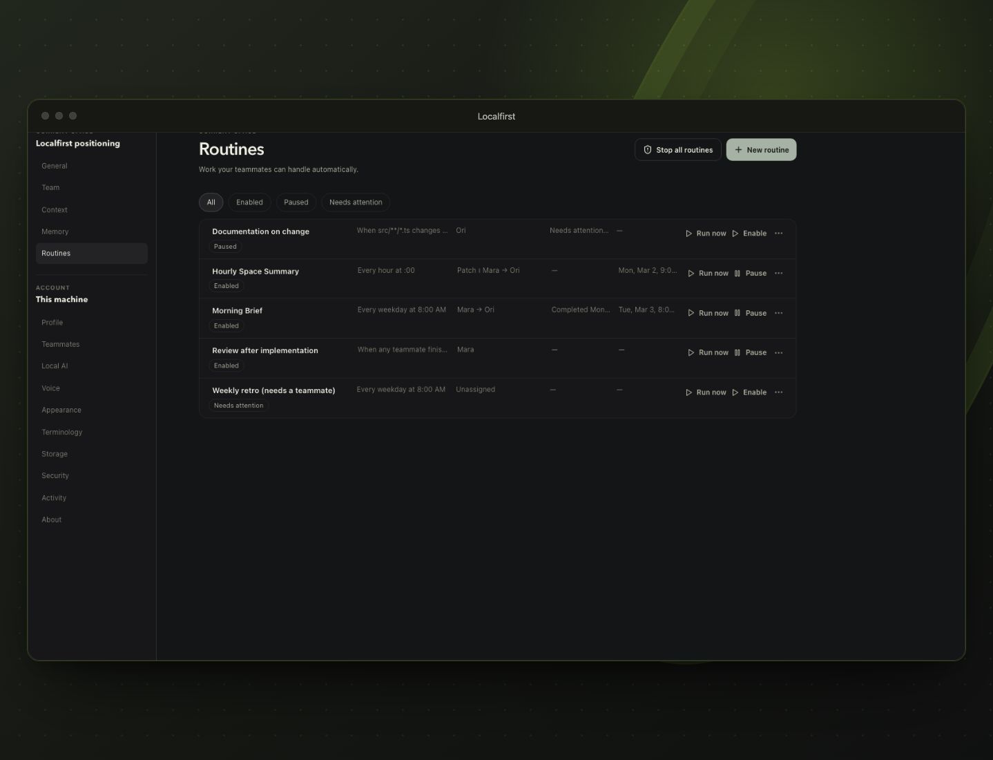 Localfirst Routines view showing active recurring team workflows, their schedules, destinations, and recent run status.