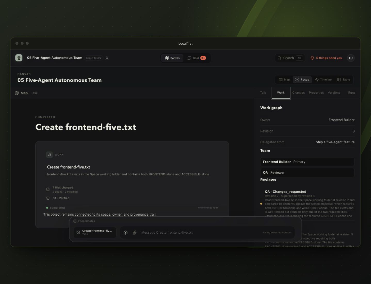 Localfirst Focus view showing completed work, four changed files, a verified review, and revision-aware review history.