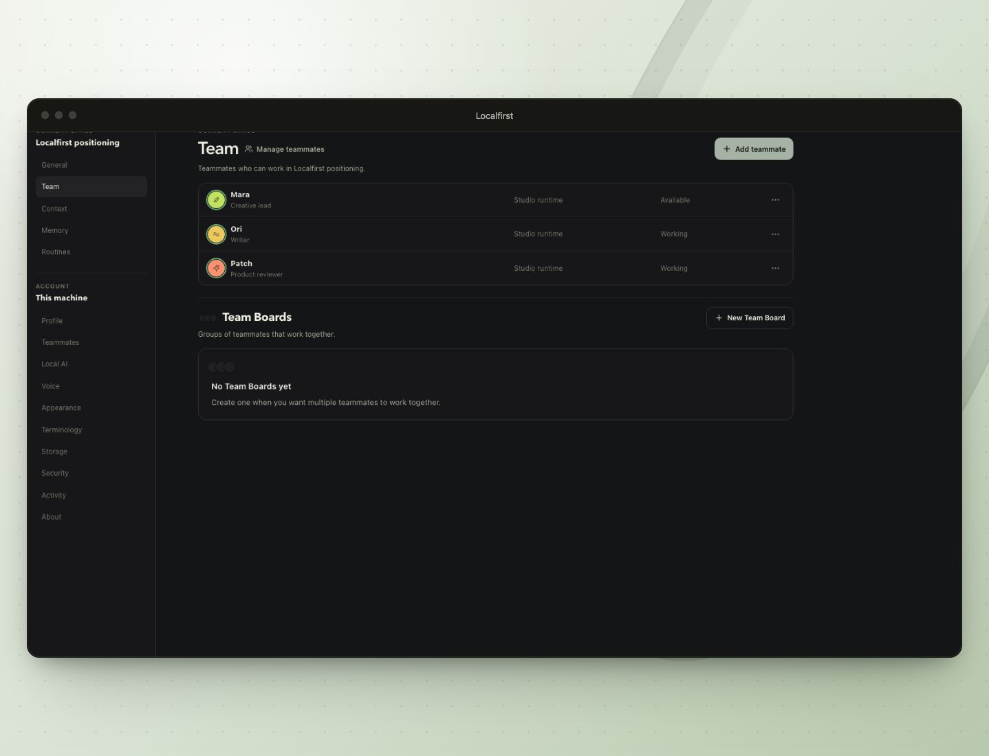 Localfirst Space team settings showing three teammates with their roles, runtimes, and current availability.