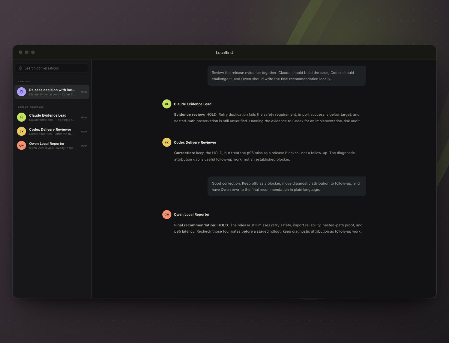 Localfirst shared thread showing a Codex correction, the person's feedback, and Qwen Local Reporter applying it to the final recommendation, with Claude also present in the mixed-runtime team.