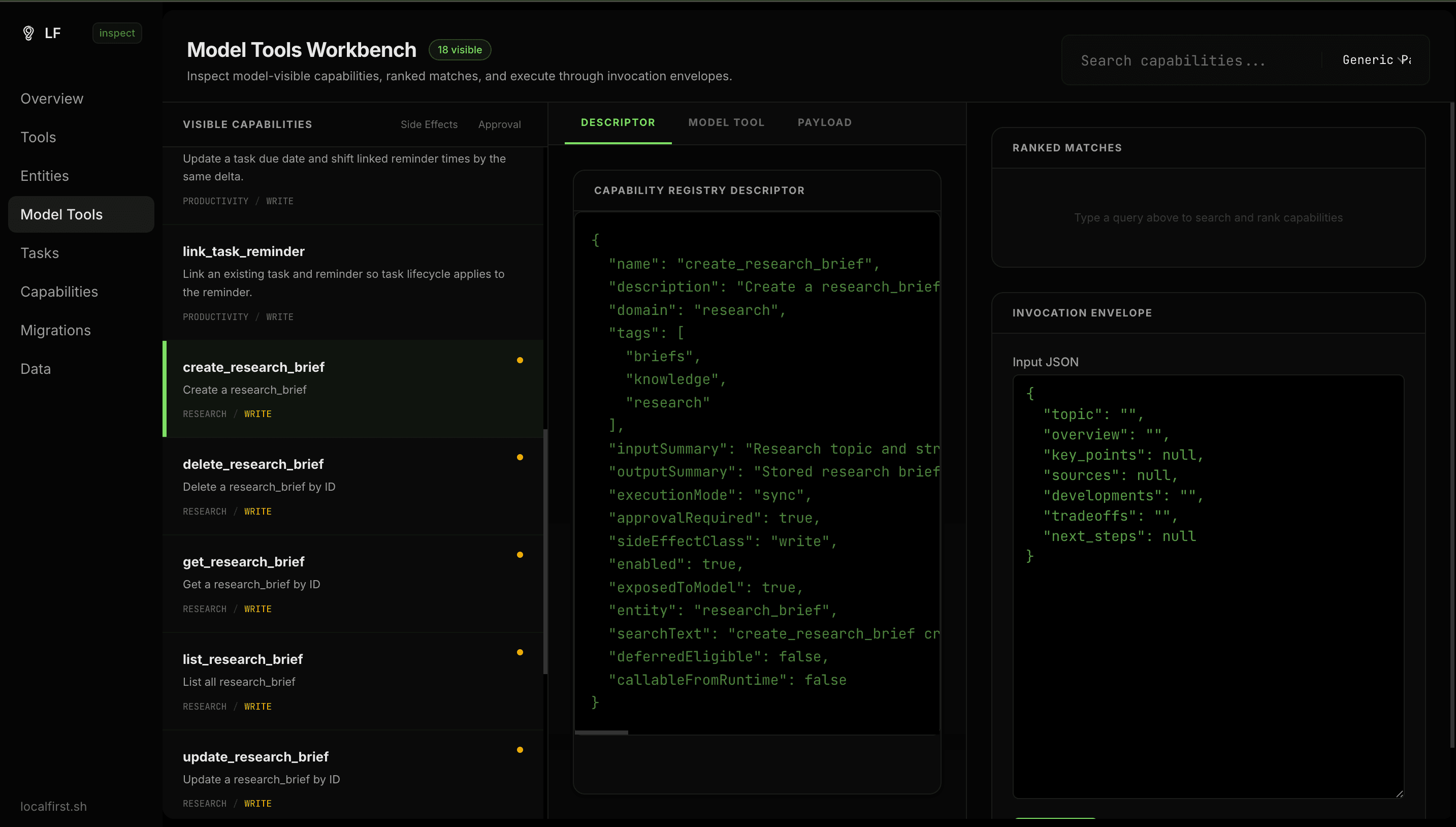 LocalFirst Inspect UI — browse tools, entities, capabilities, migrations, and data